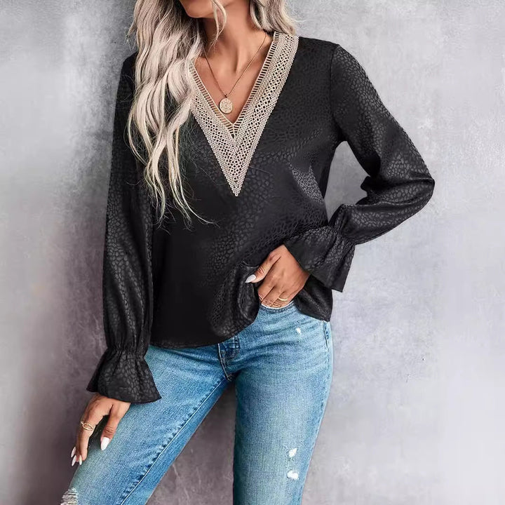 Women's - V-neck Long Sleeve Blouse - Stylish Design - Comfortable Fit - Trendy Fashion Statement