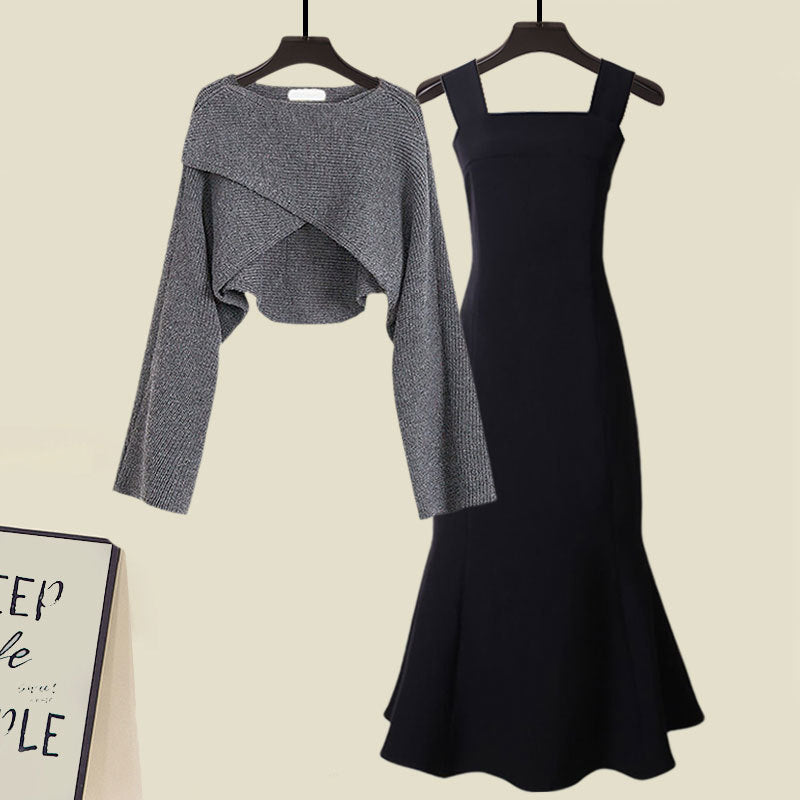 Two-piece set consisting of a high-quality cross-knit jumper and fishtail dress