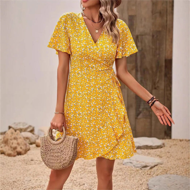 Women's - Floral Wrap-Tie V-Neck Short Sleeve Dress - Chic Short Skirt Style for Effortless Summer Elegance