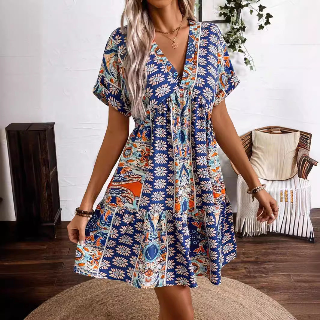 Women's - Vintage Floral V-Neck Batwing Sleeve Dress - Lightweight Fabric - Perfect for Casual and Special Occasions