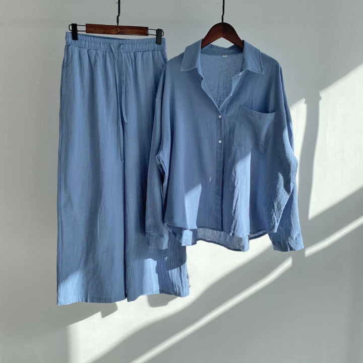 Cotton linen shirt and high-waisted trousers in a set