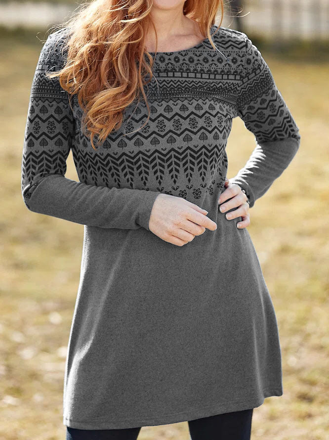 Women's - Long Sleeve Ethnic Print Dress - Brushed Fabric