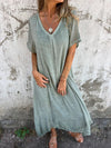 Women's - Casual Dress - Cotton Linen Short Sleeve V-Neck - Stylish Summer Essential