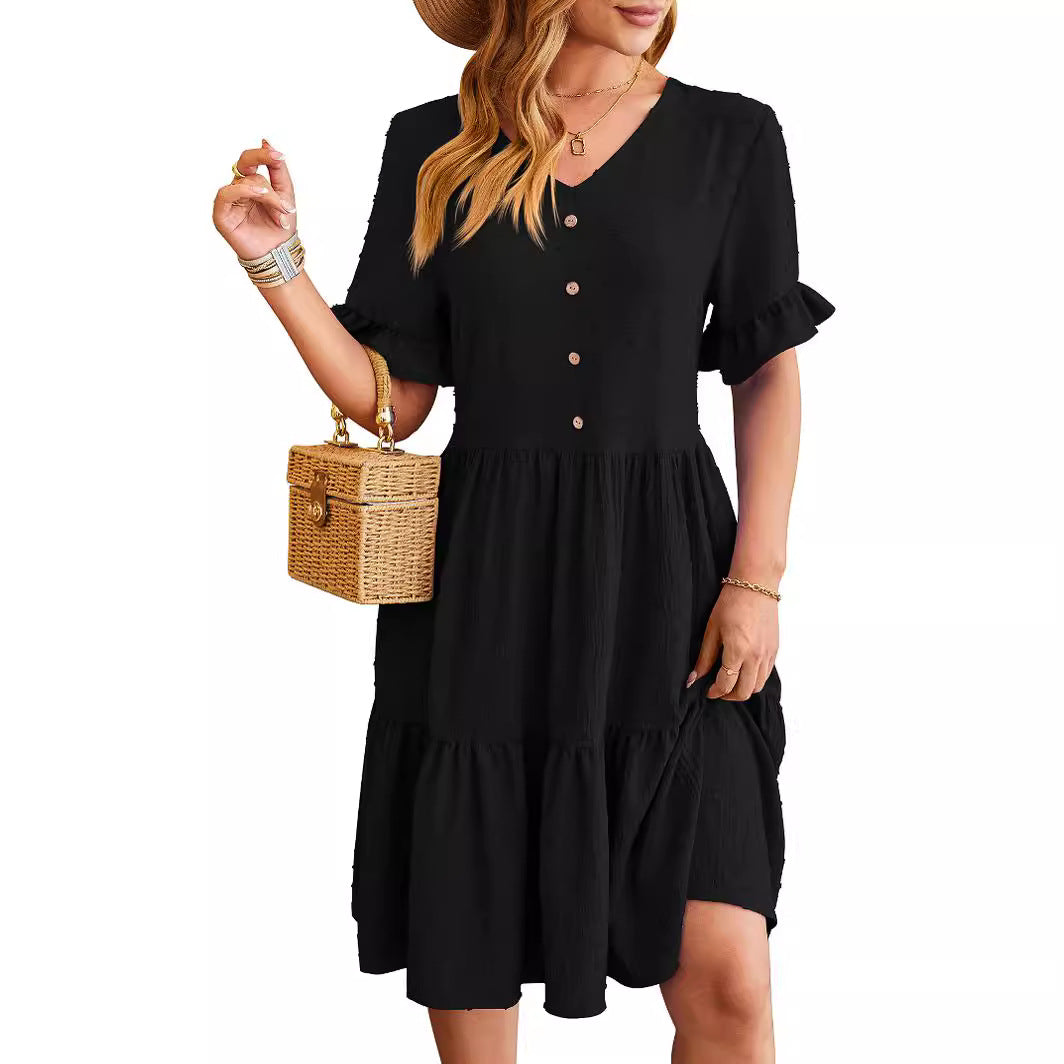 Women's - V-neck Jacquard Waist Pleated Dress - Elegant Style for Any Occasion - Perfect for Your Wardrobe