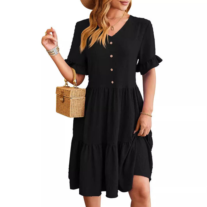 Women's - V-neck Jacquard Waist Pleated Dress - Elegant Style for Any Occasion - Perfect for Your Wardrobe
