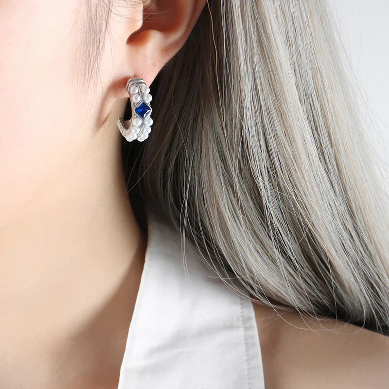 Sapphire and pearl horseshoe hoop earrings