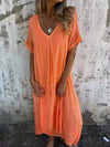 Women's - Casual Dress - Cotton Linen Short Sleeve V-Neck - Stylish Summer Essential