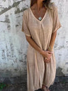 Women's - Casual Dress - Cotton Linen Short Sleeve V-Neck - Stylish Summer Essential