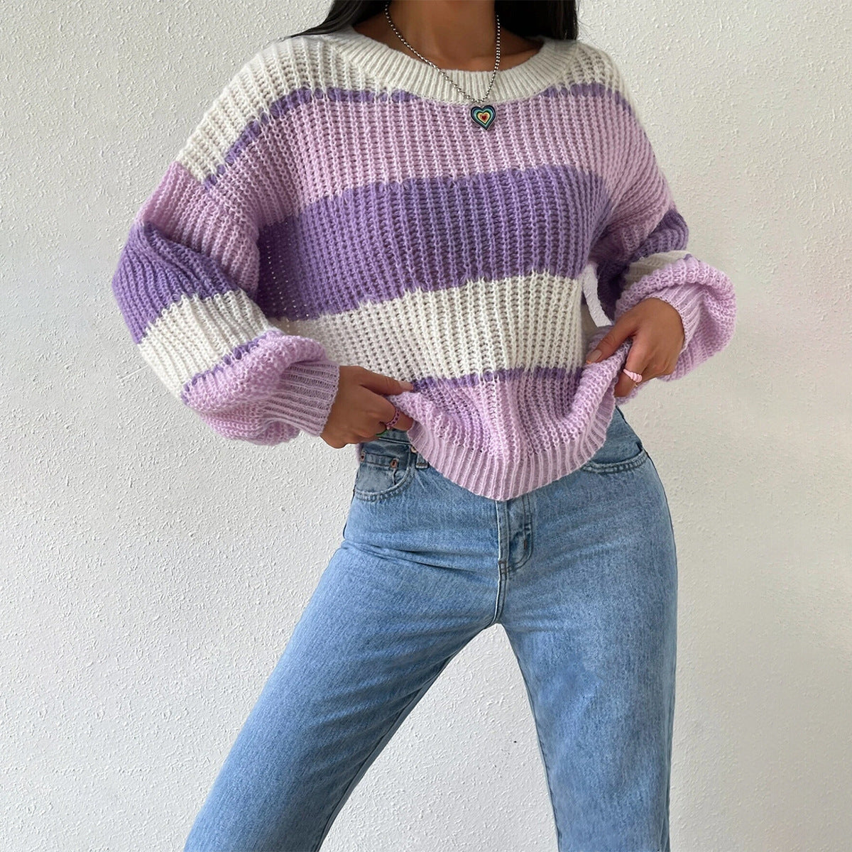 Women's - Long Sleeves Knit Striped Jumper - Crew Neck