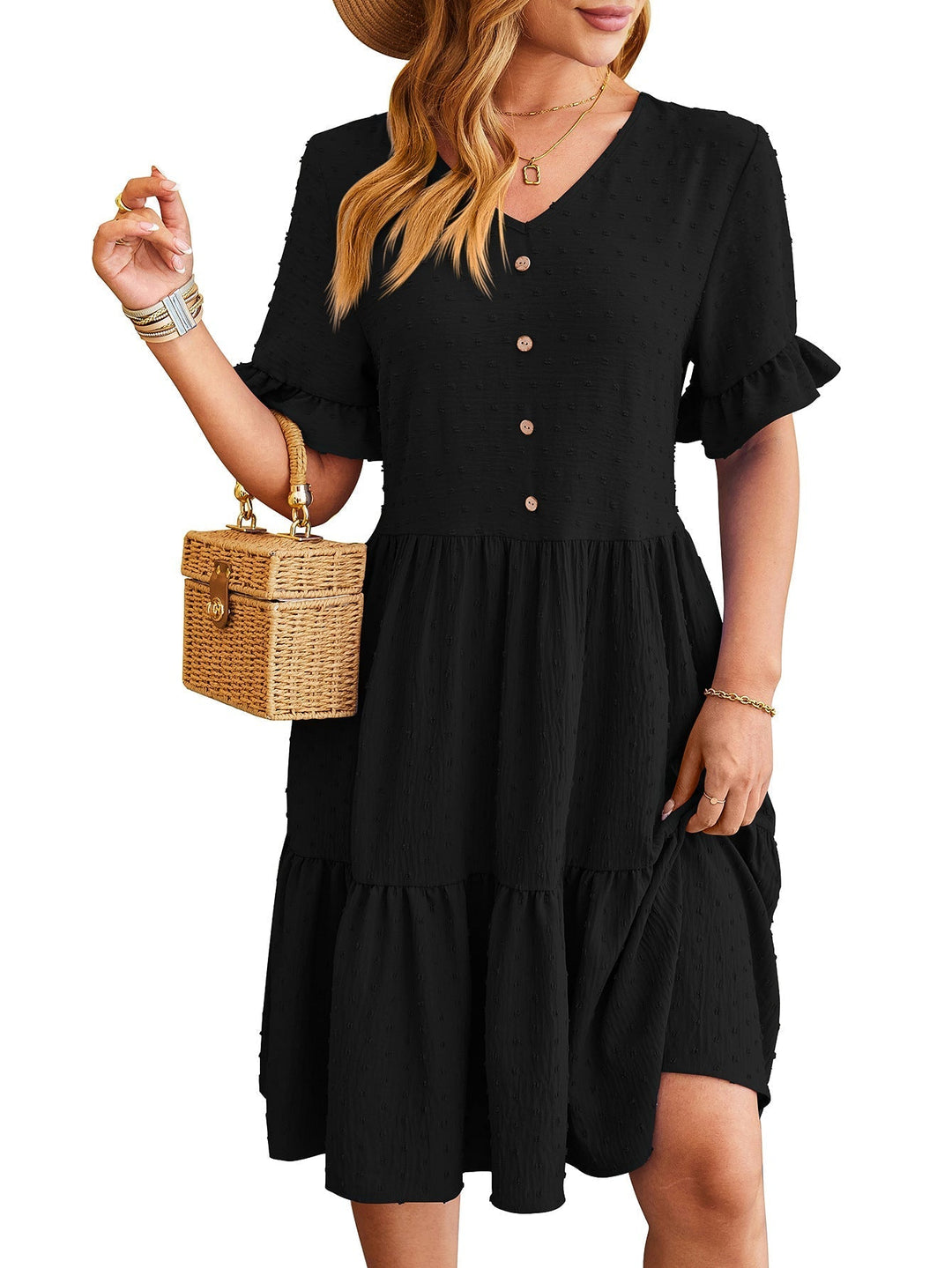 Women's - V-neck Jacquard Waist Pleated Dress - Elegant Style for Any Occasion - Perfect for Your Wardrobe