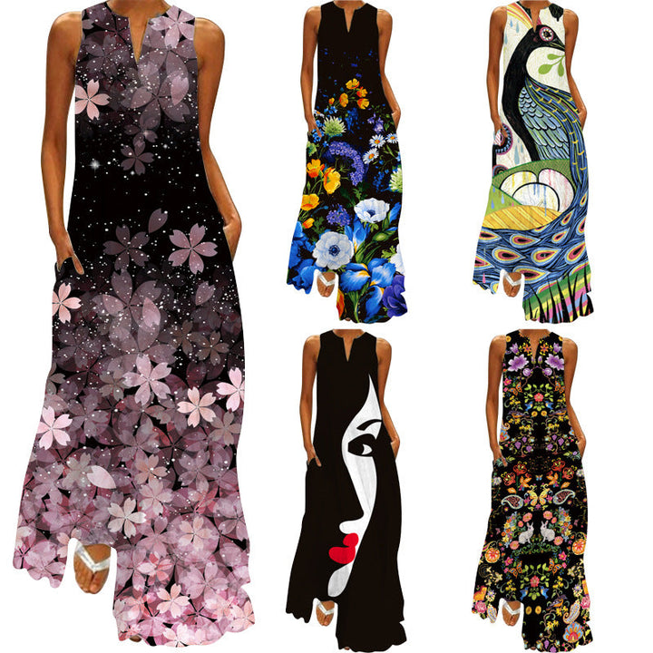 Timeless printed sleeveless long dress with V-neckline