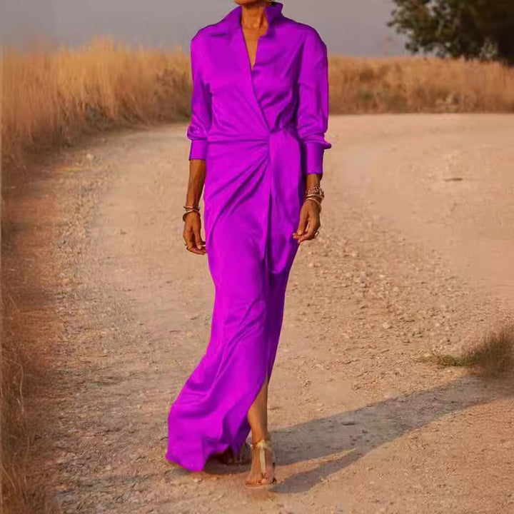 Women's - High-Waisted Floor Length Dress - Elegant Design with Open Slit - Perfect for Special Occasions