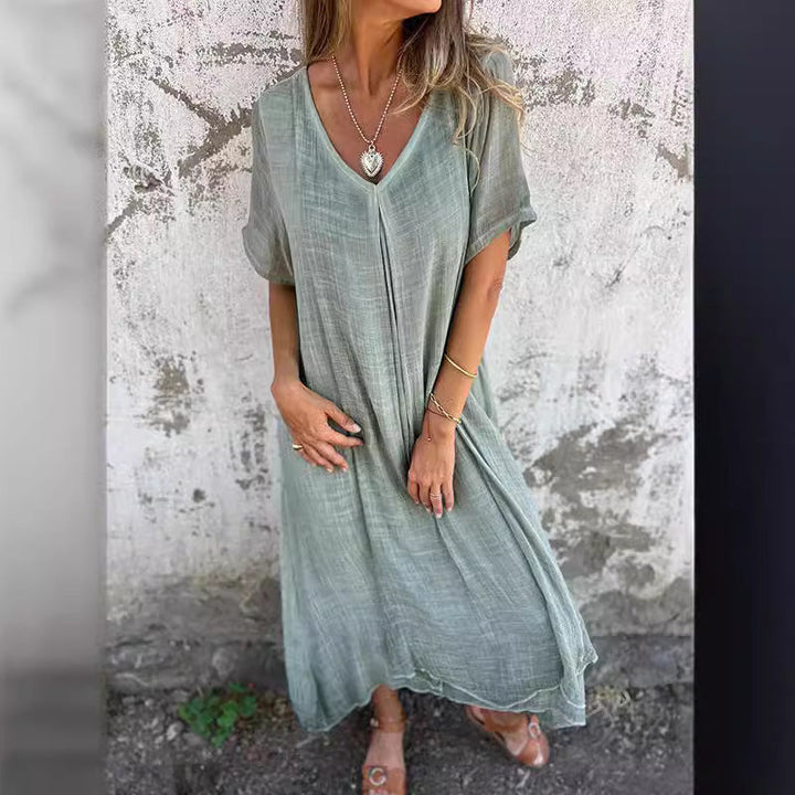 Women's - Casual Dress - Cotton Linen Short Sleeve V-Neck - Stylish Summer Essential