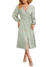 Women's - V-neck Satin Dress with Slit Hem - Stylish and Plain - Perfect for Any Occasion