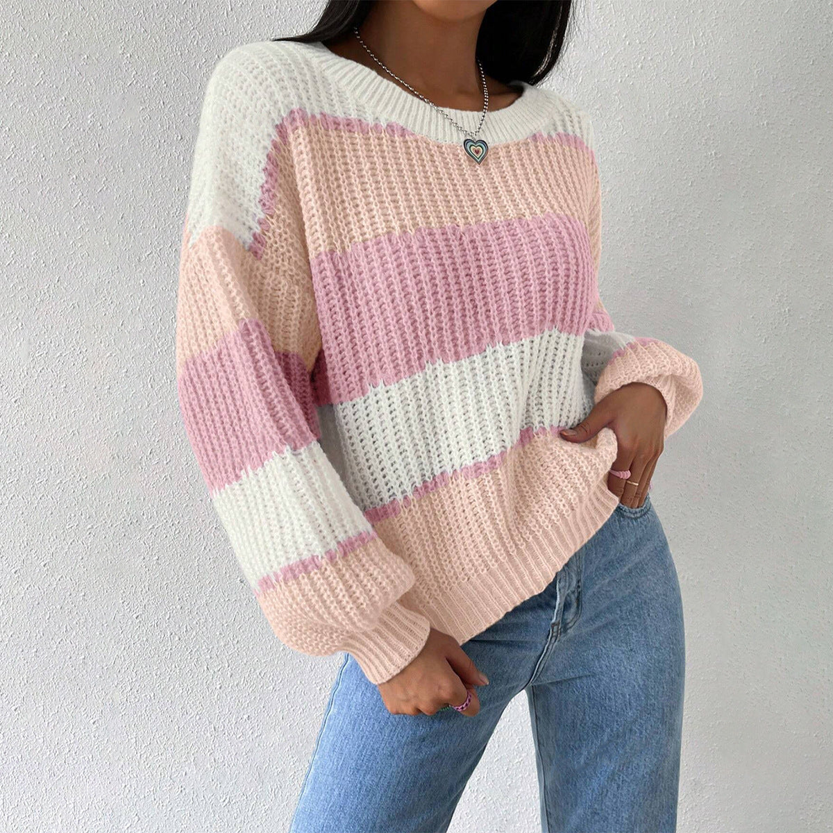 Women's - Long Sleeves Knit Striped Jumper - Crew Neck
