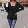 Women's - Solid Colour Square Neck Sweater - Loose Long Sleeve Sweatshirt Tee - Cosy Casual Style