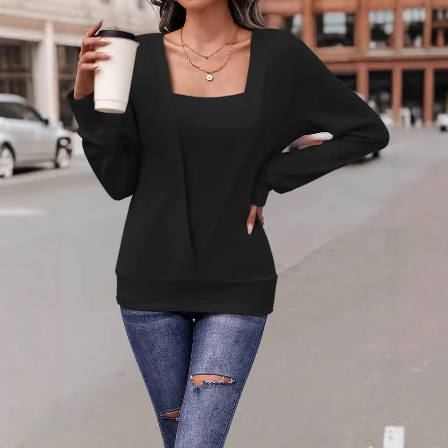 Women's - Solid Colour Square Neck Sweater - Loose Long Sleeve Sweatshirt Tee - Cosy Casual Style