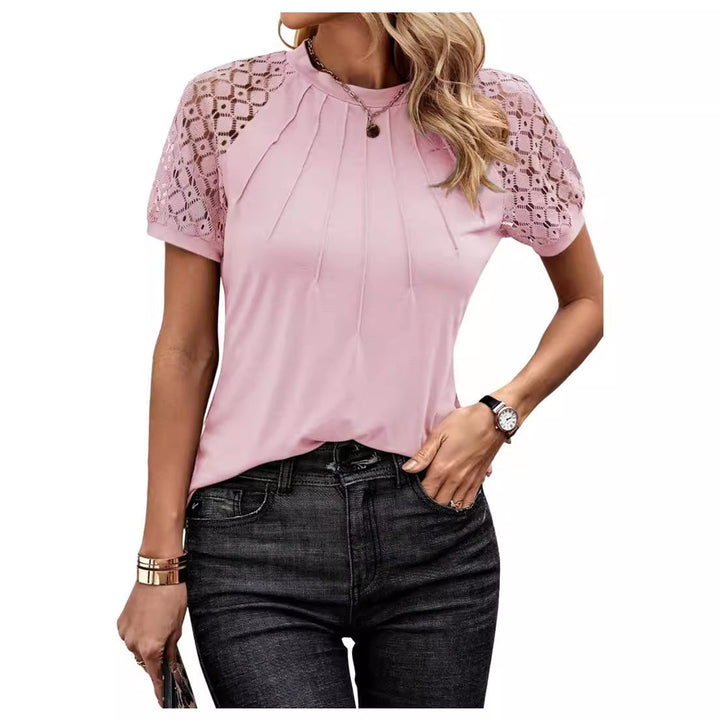Women's - Round Neck Lace Patch Short Sleeve Top - Stylish & Elegant Design - Perfect for Any Occasion