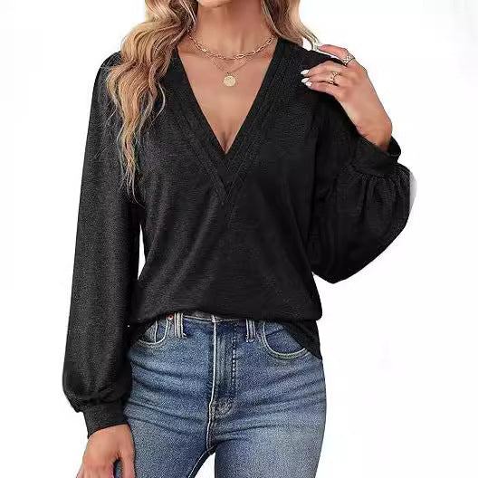 Women's - V-neck Casual Long-Sleeved Shirt - Comfortable Cotton Blend - Perfect for Everyday Wear