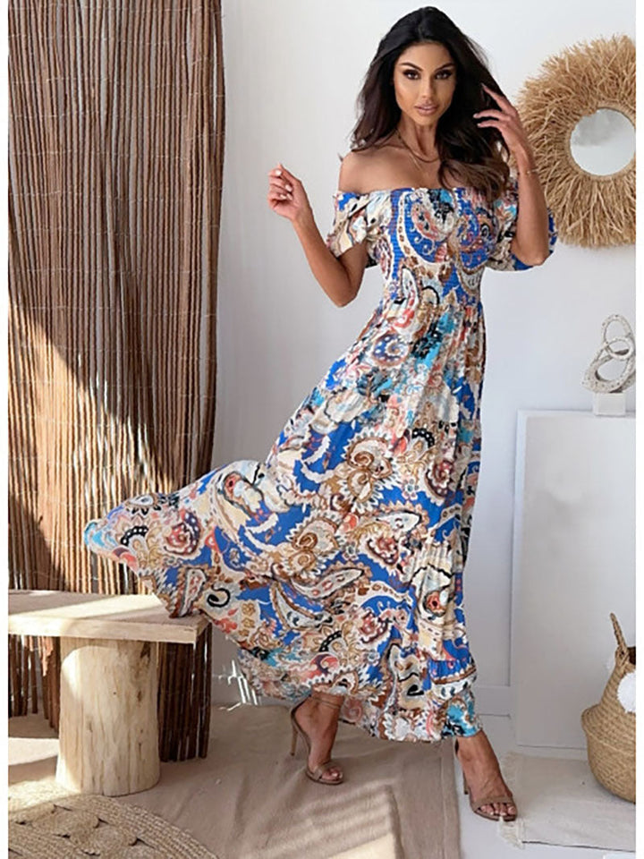 Premium New Off Shoulder Printed Puff Sleeve Cake Dress