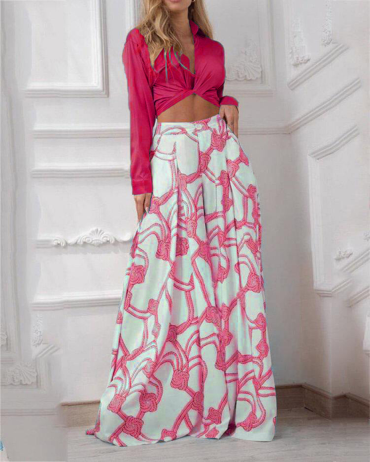Women's - Two-Piece Set - Printed Lapel Collar Shirt with Long Sleeves & Wide Trousers - Stylish Outfit