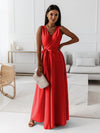 Ladies single-coloured V-neck long dress