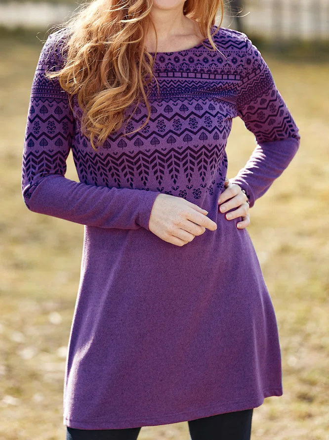 Women's - Long Sleeve Ethnic Print Dress - Brushed Fabric