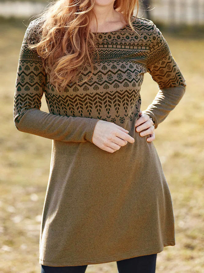 Women's - Long Sleeve Ethnic Print Dress - Brushed Fabric