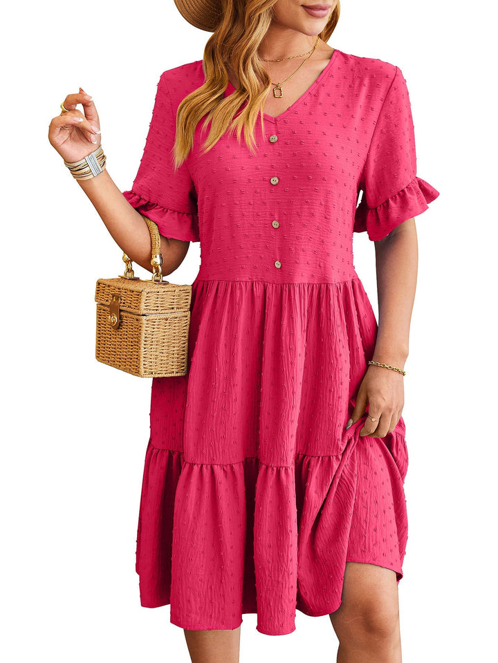 Women's - V-neck Jacquard Waist Pleated Dress - Elegant Style for Any Occasion - Perfect for Your Wardrobe