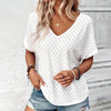 T-shirt with eyelet button embellishment and V-neckline