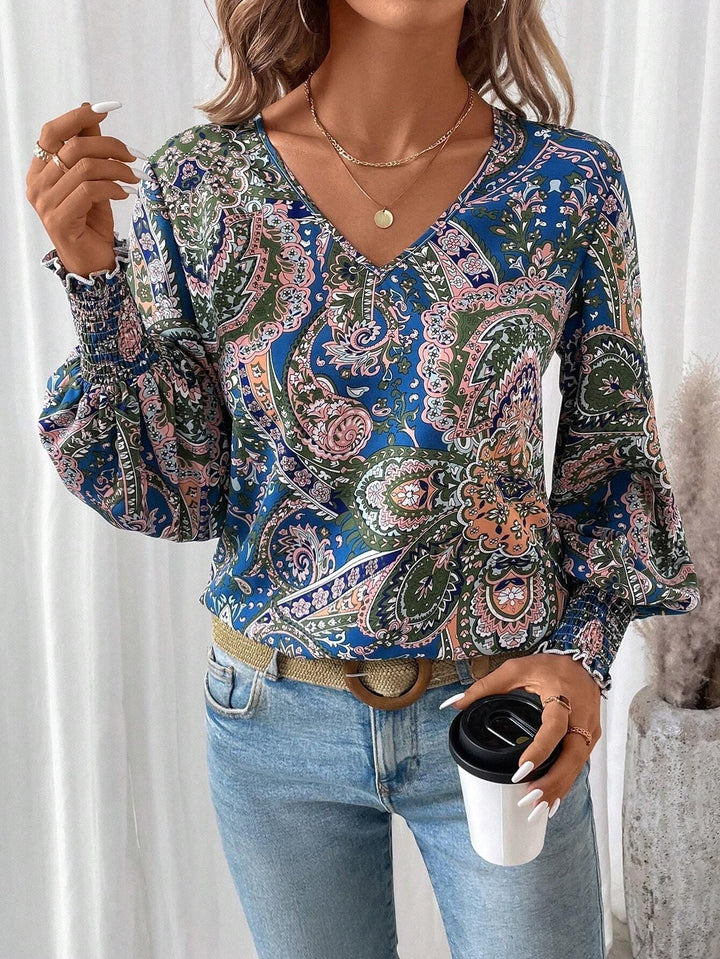 Women's - V-Neck Printed Blouse with Lantern Sleeves - Stylish and Comfortable Shirt for Every Occasion