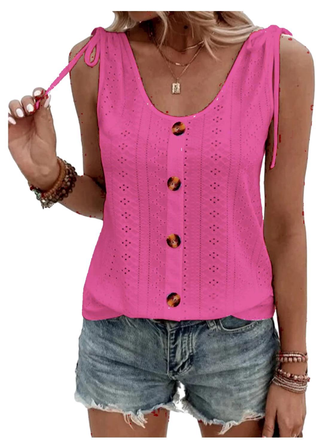 Women's - Loose Waistcoat - Single-Coloured Round Neck with Drawstring and Button Details - Stylish Comfort