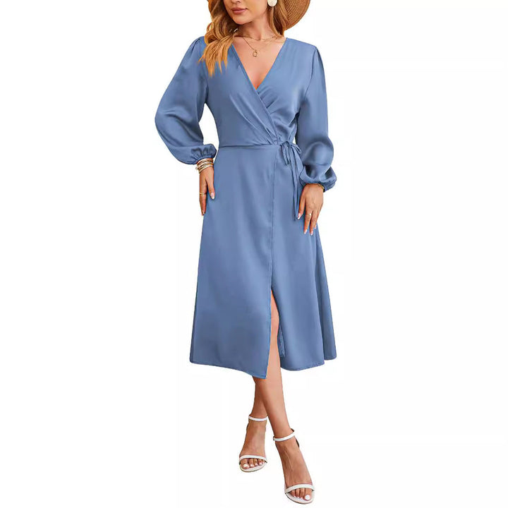 Women's - V-neck Satin Dress with Slit Hem - Stylish and Plain - Perfect for Any Occasion