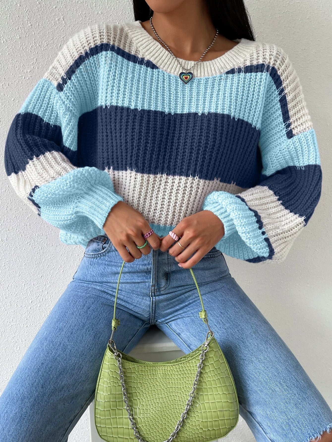 Women's - Long Sleeves Knit Striped Jumper - Crew Neck