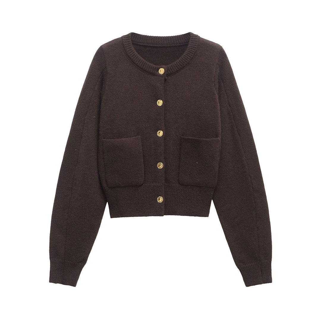 Women's - Round Neck Cardigan Top with Button Details - Stylish and Comfortable Layering Essential