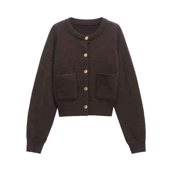Women's - Round Neck Cardigan Top with Button Details - Stylish and Comfortable Layering Essential