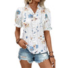 Women's - Ruffled V-neck Shirt - Printed Puff Sleeves - Stylish Women’s Top for Effortless Fashion