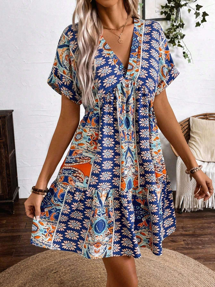 Women's - Vintage Floral V-Neck Batwing Sleeve Dress - Lightweight Fabric - Perfect for Casual and Special Occasions