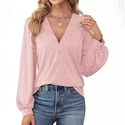 Women's - V-neck Casual Long-Sleeved Shirt - Comfortable Cotton Blend - Perfect for Everyday Wear