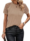 Women's - Round Neck Lace Patch Short Sleeve Top - Stylish & Elegant Design - Perfect for Any Occasion