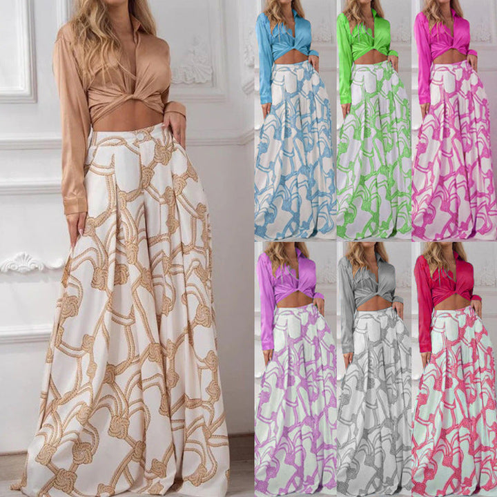 Women's - Two-Piece Set - Printed Lapel Collar Shirt with Long Sleeves & Wide Trousers - Stylish Outfit