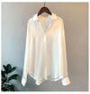 Korean women's blouse with long sleeves: satin fabric, single-breasted fastening, simple pattern