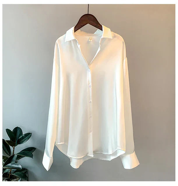 Korean women's blouse with long sleeves: satin fabric, single-breasted fastening, simple pattern