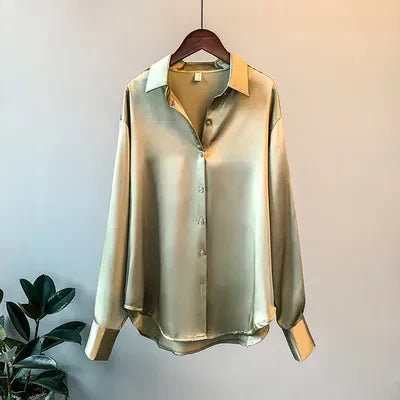 Korean women's blouse with long sleeves: satin fabric, single-breasted fastening, simple pattern