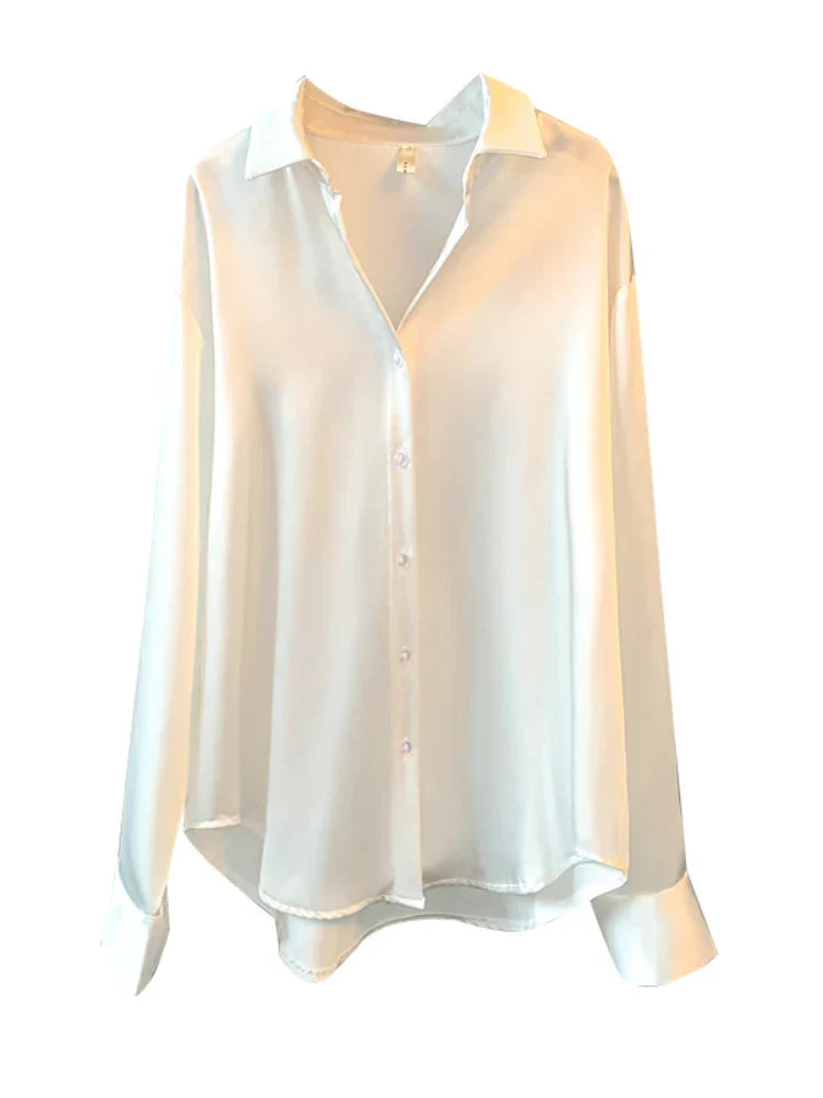 Korean women's blouse with long sleeves: satin fabric, single-breasted fastening, simple pattern