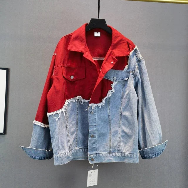 Streetwear-inspired denim patchwork jacket