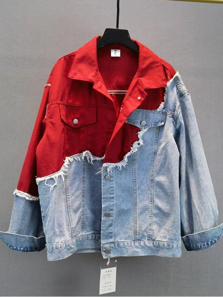 Streetwear-inspired denim patchwork jacket