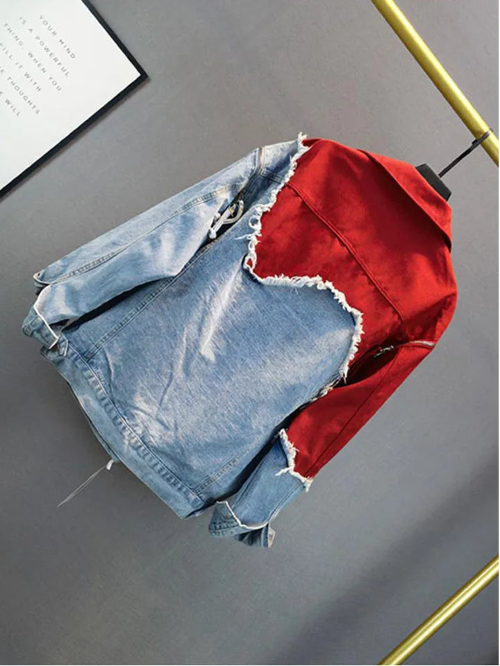 Streetwear-inspired denim patchwork jacket