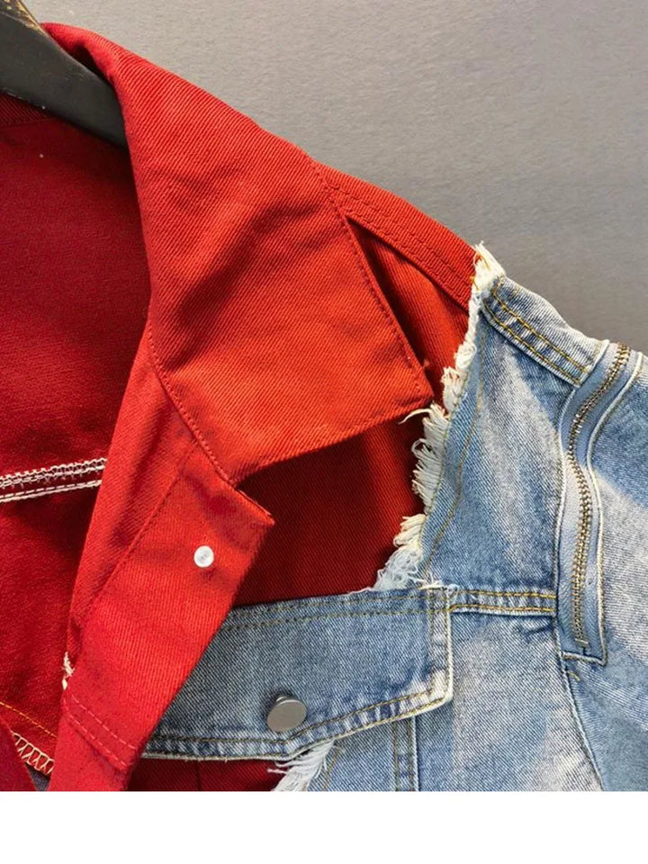 Streetwear-inspired denim patchwork jacket