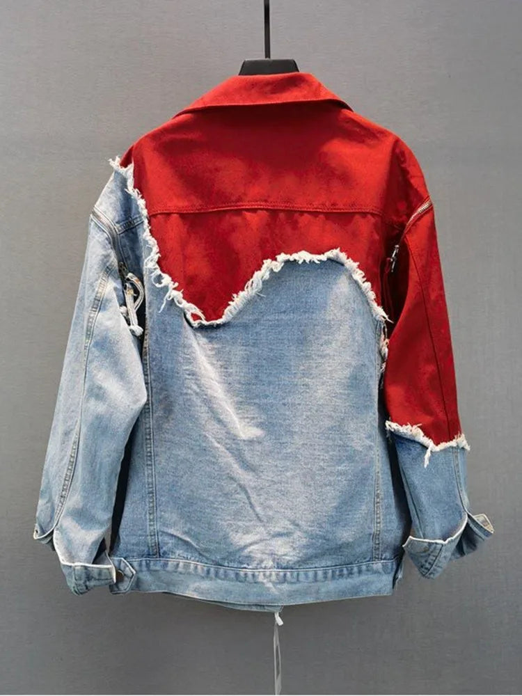 Streetwear-inspired denim patchwork jacket